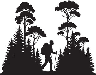 Silhouette of a hiker walking through a dense forest with tall pine trees © Mst Raosonara