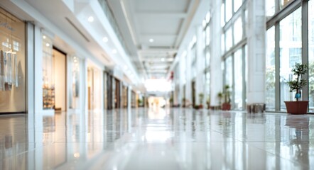Wide, defocused blur image of a brightly lit modern shopping mall or commercial hallway with white walls, a polished reflective floor, and large windows for a background. High quality