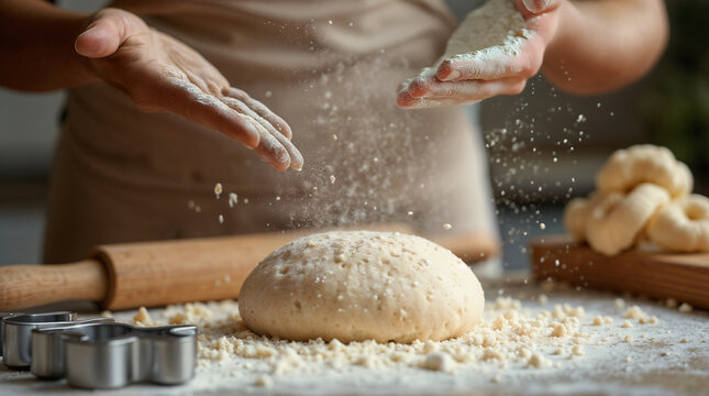 Manos espolvoreando harina sobre masa en proceso de fermentaci&oacute;n para panader&iacute;a casera