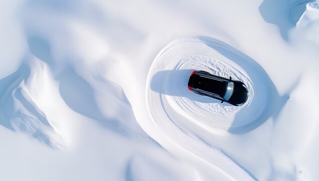 Aerial view of a black suv car making tire tracks in pristine snow