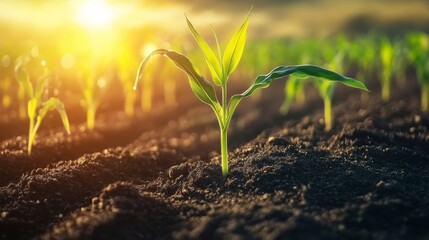Naklejka premium Green corn plants in fertile farmland at sunset, showcasing innovative agricultural practices.