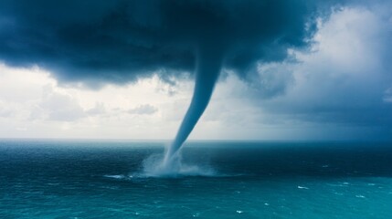 Tornado forming over the sea from high angle view, dramatic storm over ocean, extreme weather, powerful vortex and water spout, seascape, aerial perspective, atmospheric phenomenon