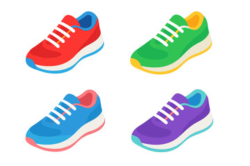 Set of brightly colored athletic sneakers in red green blue and purple for fitness training