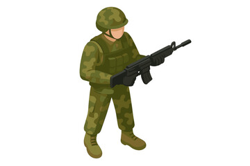 Fototapeta premium Isometric military serviceman in camouflage uniform holding a tactical rifle, ready for action