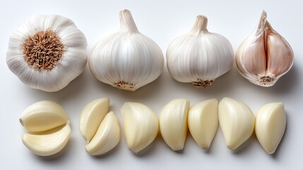 A visually appealing arrangement of fresh garlic, showcasing whole bulbs, cloves, and sliced pieces. Ideal for culinary, health, or organic food themes in stock photography.