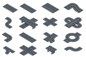 Isometric set of various road segments, highway junctions, overpasses, curves, and roundabout elements © Andrei