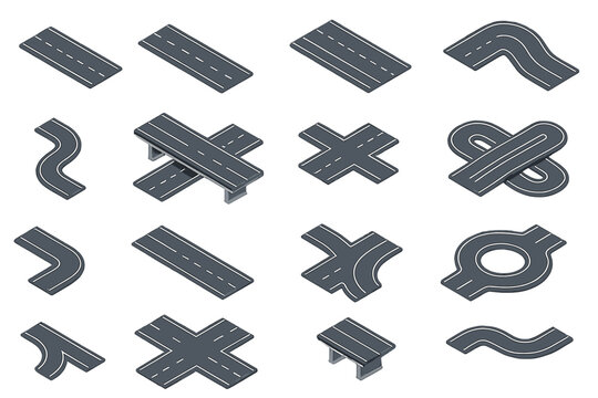 Isometric set of various road segments, highway junctions, overpasses, curves, and roundabout elements