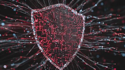 A futuristic digital shield concept featuring glowing red circuit board pathways and a metallic frame. This abstract high-tech 3D rendering symbolizes cybersecurity, powerful firewall protection, and  - Powered by Adobe
