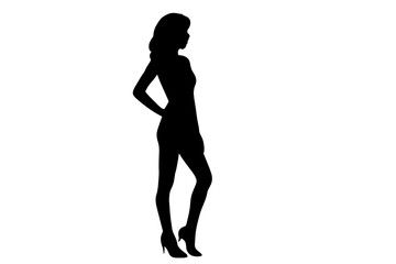 Elegant full body silhouette of a standing woman posing in high heels on a white background