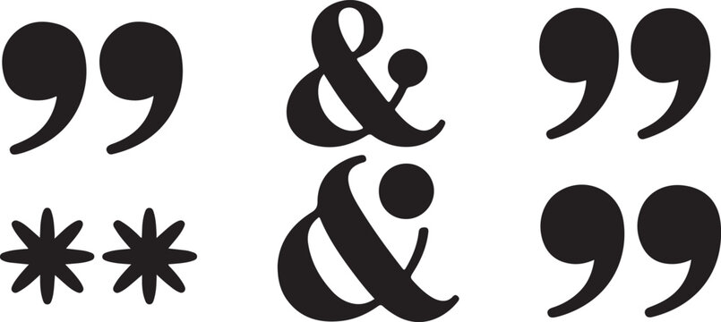 Black graphic elements including quotation marks ampersands and stars