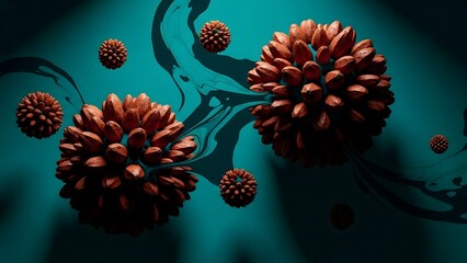 Abstract illustration of virus-like structures floating against a textured teal background