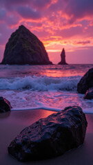 Stunning sunset over rocky beach, featuring vibrant colors reflecting on water and dramatic rock formations in background