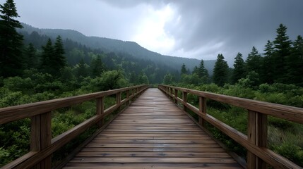 A wooden boardwalk leads through a lush misty forest towards rolling mountains under a dramatic overcast sky