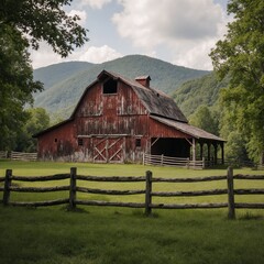 Fototapeta premium Cool Image of the barn at Dan Lawsons Place in Cades Cove framed by an old split rail fence and surrounding mountains