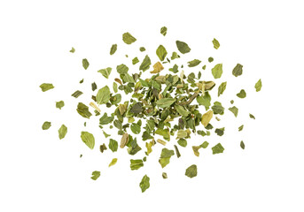 Close-up of dried green parsley and oregano flakes, varied sizes, floating dynamically against a transparent studio background with copy space, macro shot for culinary use concept