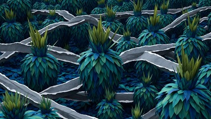 Abstract artistic illustration of a group of stylized blue pineapple-like plant forms
