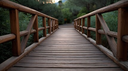 Obraz premium A rustic wooden bridge path leads through lush greenery in a serene forest setting at dusk