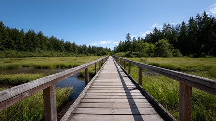 Naklejka premium A wooden boardwalk extends through a serene marshland towards a dense forest under a clear blue sky