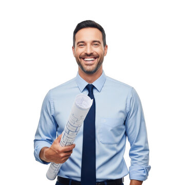 Smiling male architect holding blueprints isolated on transparent background for professional business projects