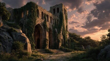 Medieval temple exterior at sunrise ancient stone walls covered in ivy dramatic sky cinematic lighting ultra-realistic architectural photography