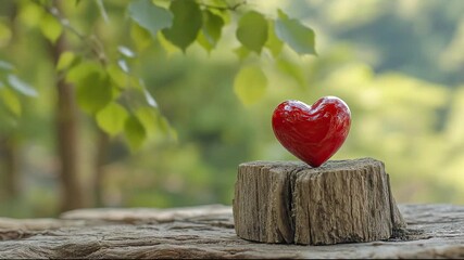 A glossy bright red heart shape rests securely on a rustic wooden stump against a soft, blurred backdrop of green forest foliage. This serene composition symbolizes love, romance, and a deep connectio
