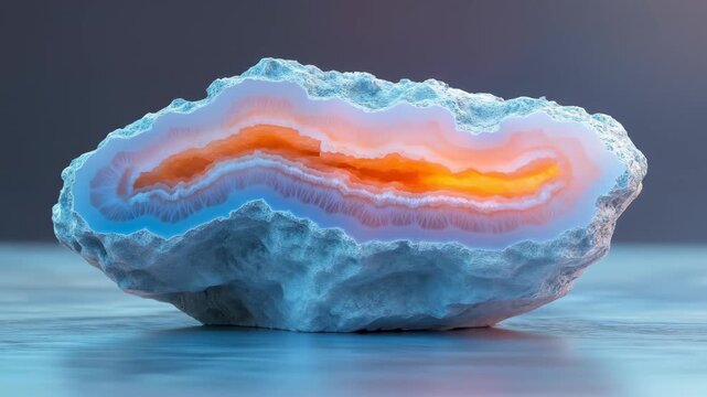 A vibrant, cross-section of agate stone displays layered colors and textures against a blurred backdrop
