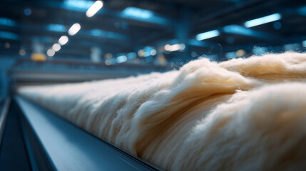 Mineral wool insulation material on production line in modern manufacturing facility. Soft fibrous texture with natural beige color, industrial equipment background, thermal material.