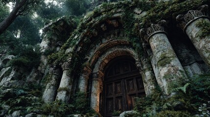 Abandoned medieval temple exterior overgrown with vines and moss mysterious ruins cinematic lighting dramatic clouds historical atmosphere