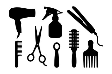 Silhouette of hair styling tools: dryer, scissors, spray bottle, and combs.
