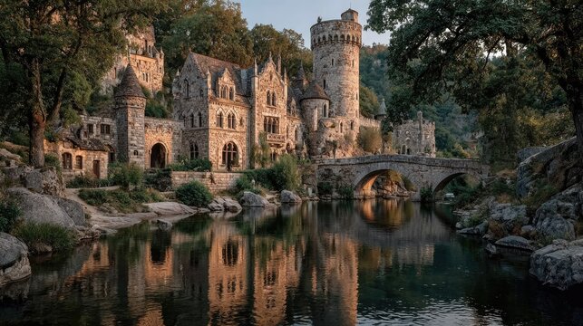 Majestic medieval castle exterior with stone walls towers drawbridge over moat at sunset fantasy style