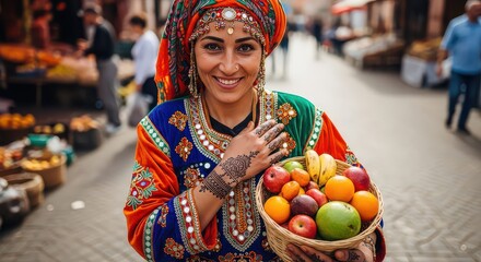 Authentic Moroccan woman smiling with vibrant fruit basket in traditional clothing at local market offering exotic flavors and cultural charm