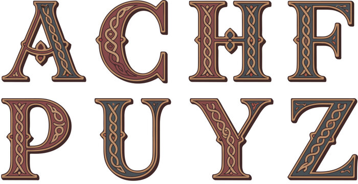 Elaborate celtic alphabet decorative letters on white background
