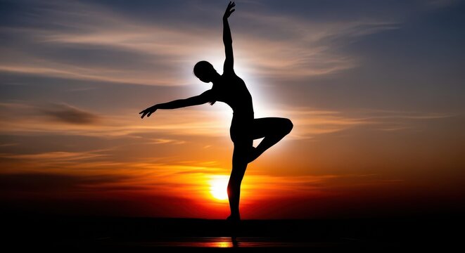 Graceful dancer silhouette against stunning sunset sky expresses freedom and passion, creating a serene and inspiring atmosphere for wellness brands