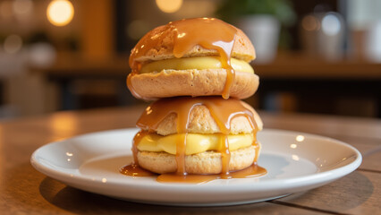 Delicious dessert featuring two soft cookies filled with creamy custard and drizzled with caramel sauce, creating tempting treat