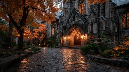 Medieval temple exterior in autumn vibrant foliage gothic arches stained glass glow cobblestone path dramatic clouds ultra-realistic serene and majestic