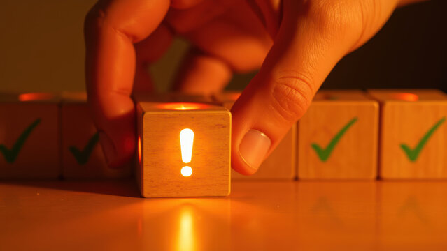 Hand is placing lit wooden block with exclamation mark among other blocks with check marks, symbolizing importance and attention