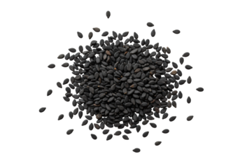 Oval-shaped black sesame seeds with subtle texture, scattered on a pristine matte white background, ultra-sharp macro overhead studio shot. Concept of healthy food ingredients and natural purity