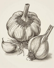 Engraving Defined Bulb Garlic Cloves Botanical Curved