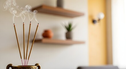 Burning incense sticks with rising smoke in peaceful home interior