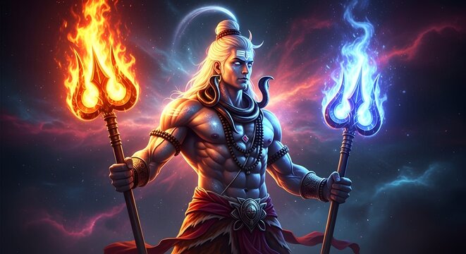 Lord shiva, the destroyer and transformer, stands powerfully with trishul, embodying strength, divinity, and cosmic energy in a vibrant display - Powered by Adobe