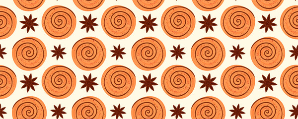 Seamless pattern with cinnamon rolls and star anise. Grunge texture pastry pattern