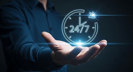 Open hand presenting a glowing 247 clock symbol for constant availability