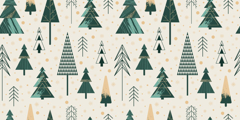 Obraz premium Seamless Christmas Banner With Seamless Pattern. Abstract drawing of Christmas trees with different textures in a minimalist style. Vector background for covers, postcards, printing, packaging