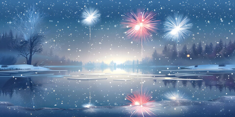 Winter landscape scene featuring sparkling fireworks illuminating a serene lake, with reflections and falling snowflakes creating a festive and tranquil atmosphere, set amidst a backdrop of...