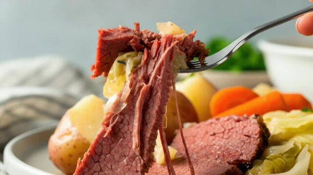 Sliced corned beef with potatoes and vegetables, fork holding piece of