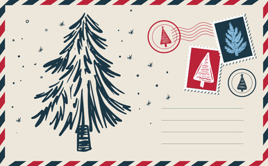 Christmas postcard with tree, New Year card	
