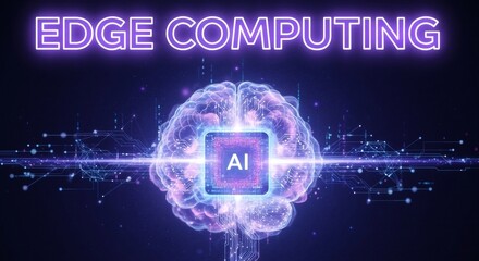 Edge Computing text with glowing AI brain and processor chip. Artificial intelligence technology concept with digital circuits. Futuristic cyber background