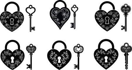 Black heart shaped locks and ornate keys with floral designs love romance