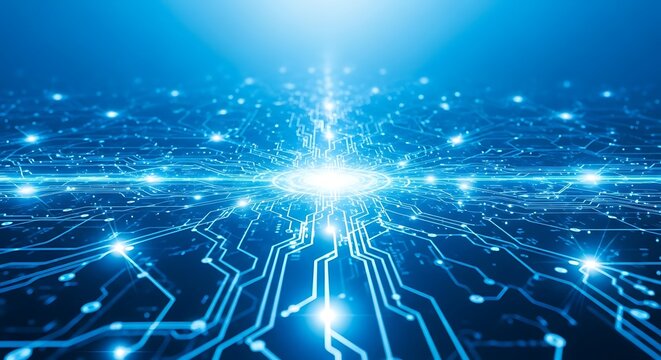 Abstract blue technology background with glowing circuits and digital lines