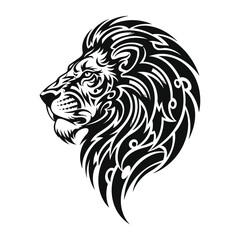 Black tribal lion head profile illustration with flowing mane tattoo